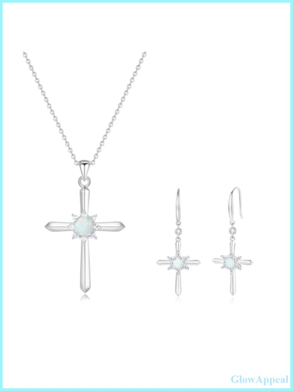 Sterling Silver Opal Cross Necklace & Earrings Set